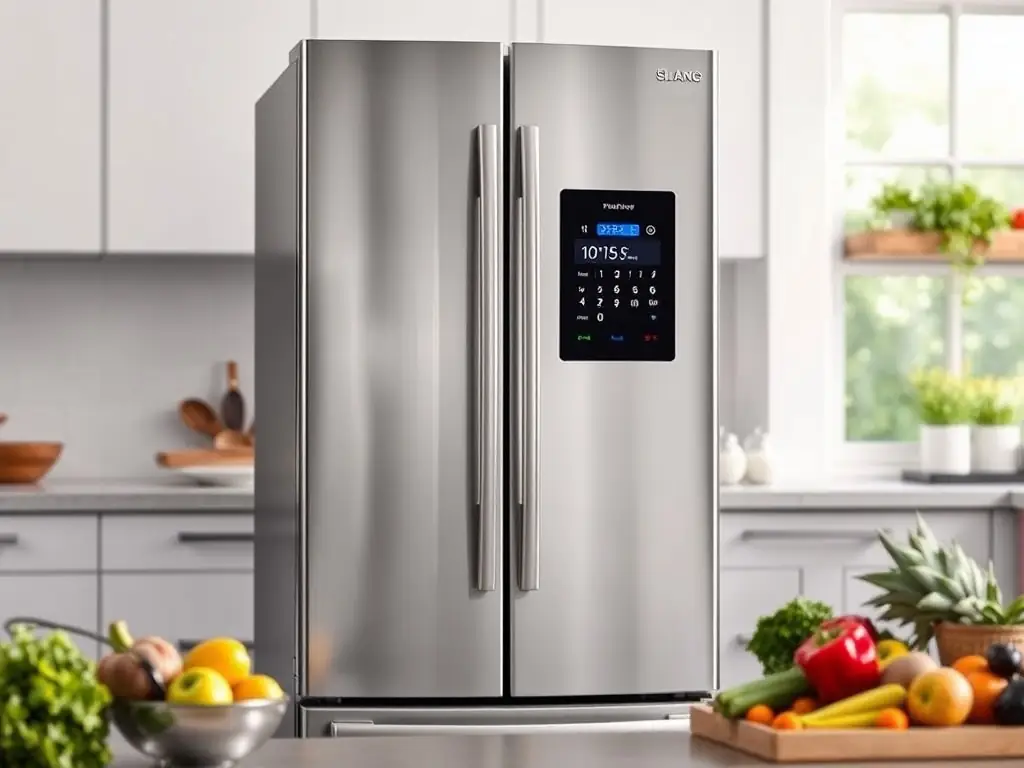 A modern refrigerator with its door open, showcasing fresh produce and organized shelving, symbolizing efficient food storage and the importance of refrigerator repair services.